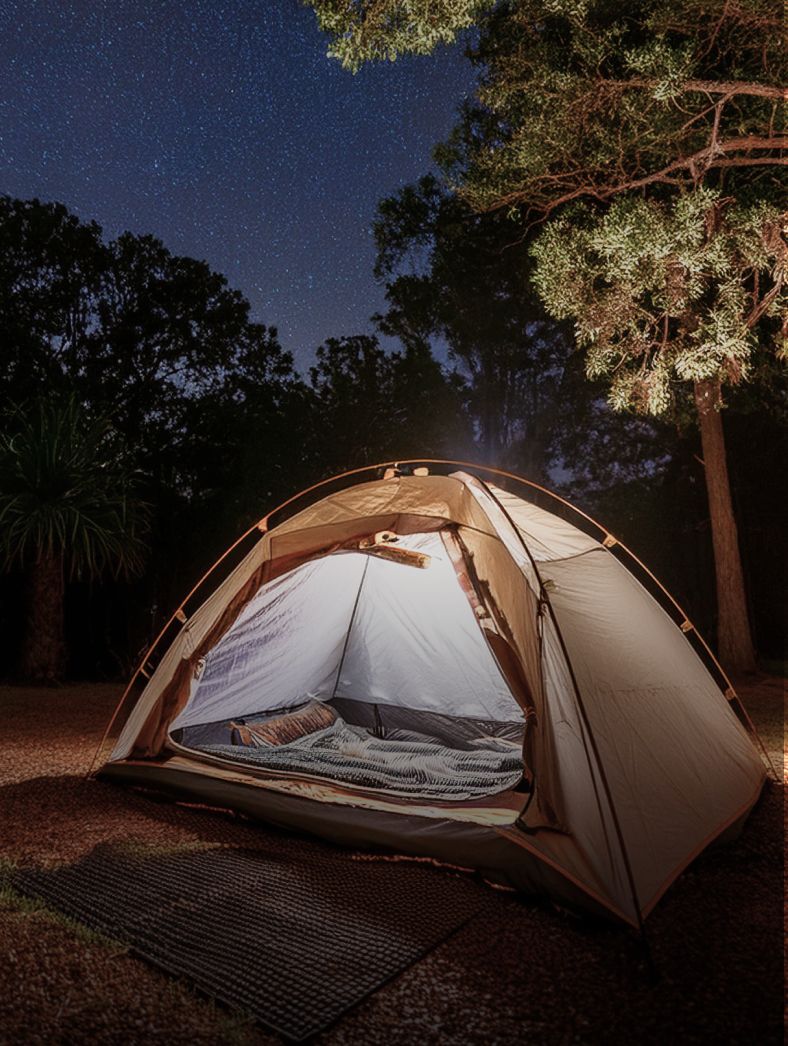 夜の木立の中、小さなテントが柔らかいライトで照らされている。テントの中には寝具が整えられている